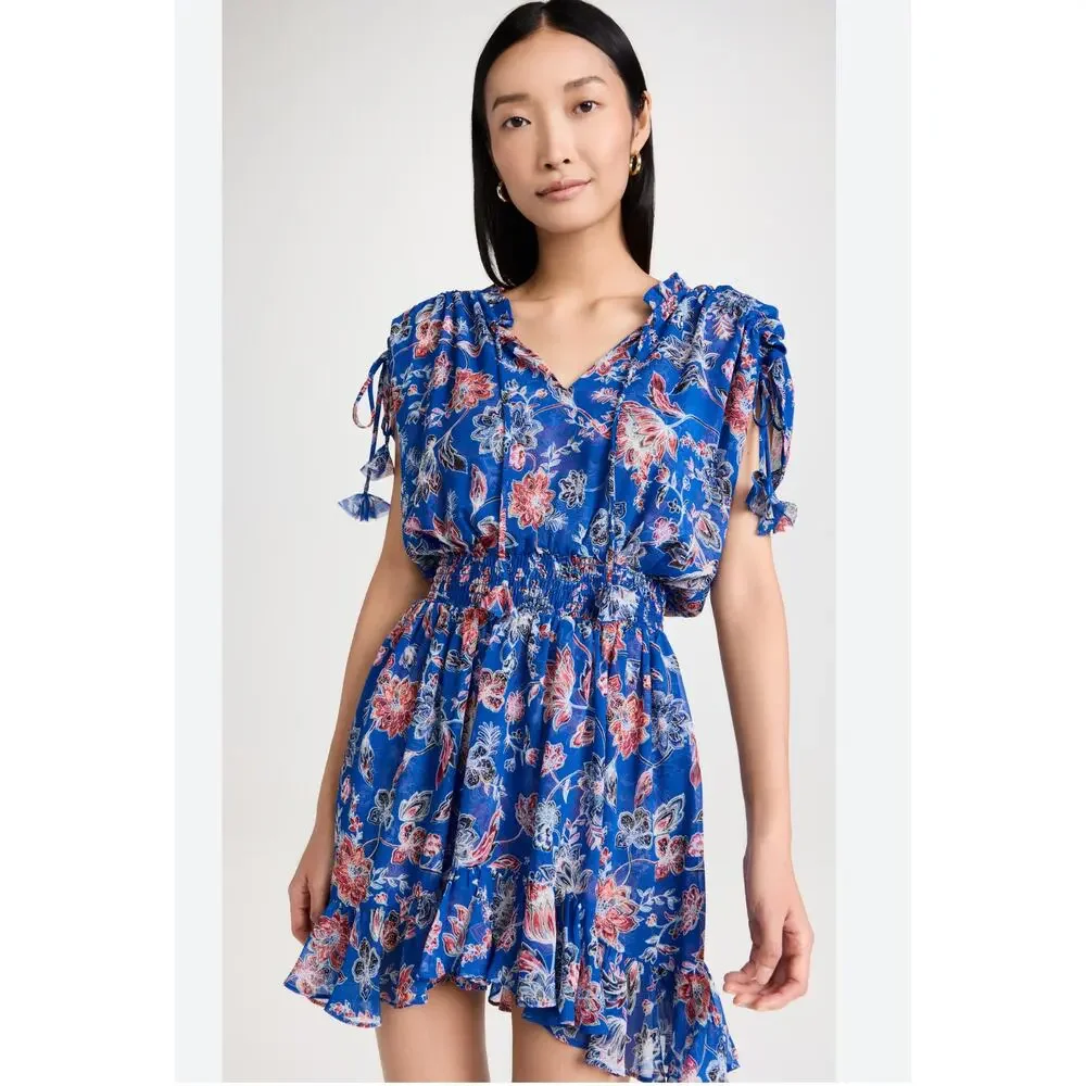Misa LA Dominque Chiffon Smocked Tiered Mini Dress Blue Floral Print M